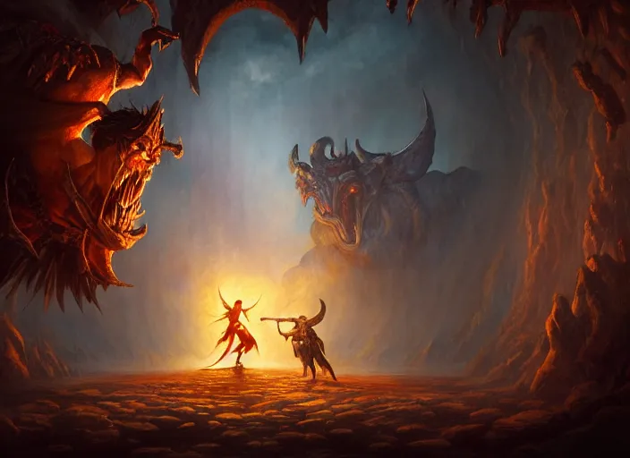 Image similar to god fighting the devil, dramatic light, dungeon background, high detail, fantasy background, painted todd lockwood, stanley lau, greg rutkowski, artgerm, digital art, trending on artstation