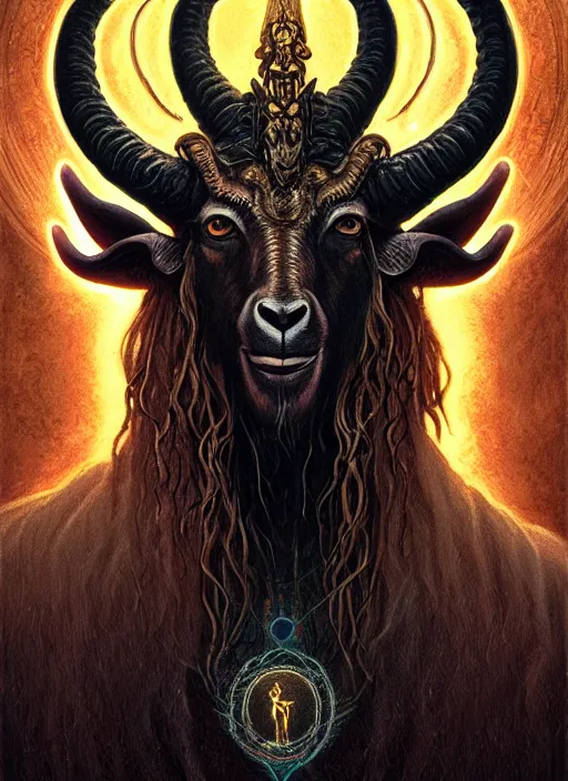 Image similar to elden ring themed orthodox baphomet goat icon tarot card portrait, piercing gaze, byzantine aesthetic, doom, religious, sinister, ornate, intricate, beautifully backlit, subtle tones, digital painting, concept art, smooth, sharp focus, illustration, art by josan gonzalez, greg rutkowski, killian eng and zdizslaw beksinski