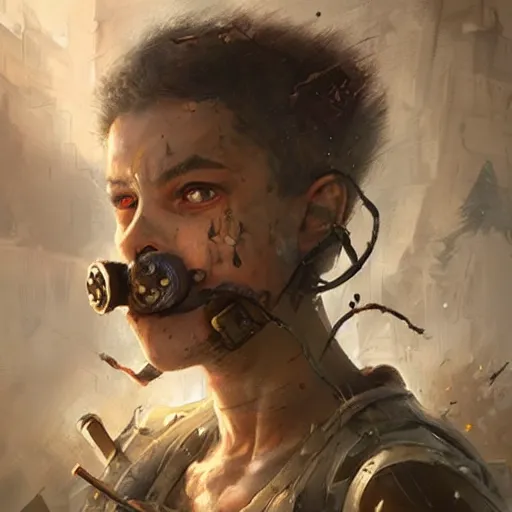 Prompt: post apocalyptic super mario, realistic portrait, masterpiece painting by greg rutkowski wlop and ross tran, highly detailed sharp focus