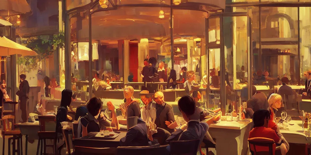 Prompt: posh cafe with terrace few people inside are happily drinking cocktails cheering on huge crowd of people fighting each other by Craig Mullins, ilya kuvshinov, krenz cushart, artgerm trending on artstation by Edward Hopper and Dan Mumford and WLOP, Unreal Engine 5, Lumen, Nanite