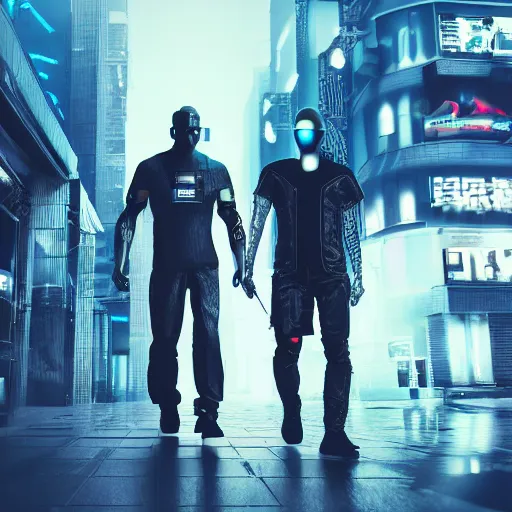 Image similar to cyberpunk men holding a cool watch walking in the middle of a cyberpunk street the background is a cyber street the weather is rainy and foggy photo - realistic