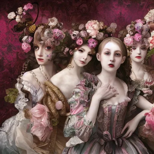 Image similar to 8k, HD, realism, high octane render, renaissance, rococo, baroque, group of creepy young ladies wearing long harajuku manga dress with flowers and skulls, background chaotic flowers