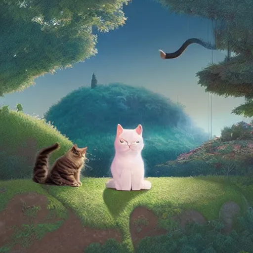 Prompt: a cat zen master meditating on hillside, next to a cute cat, concept art by chris labrooy, cgsociety, retrofuturism, sci - fi, concept art, futuristic