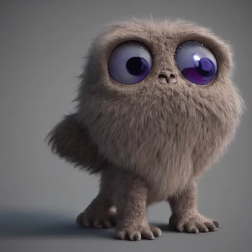 Image similar to small fluffy sad cute monster with big eyes, 3 d, photorealistic, ultra - details