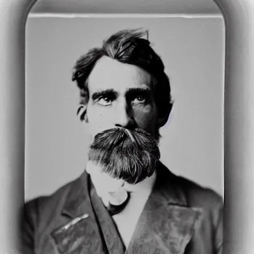 Image similar to A photograph portrait of Jerma985 with crazy hair and a pyramidal mustache in the late 1800s, taken in the late 1800s, 1870s, grainy, taken on a Field View Camera, realistic, hyperrealistic, very realistic, highly detailed, very detailed, extremely detailed, detailed, digital art, trending on artstation