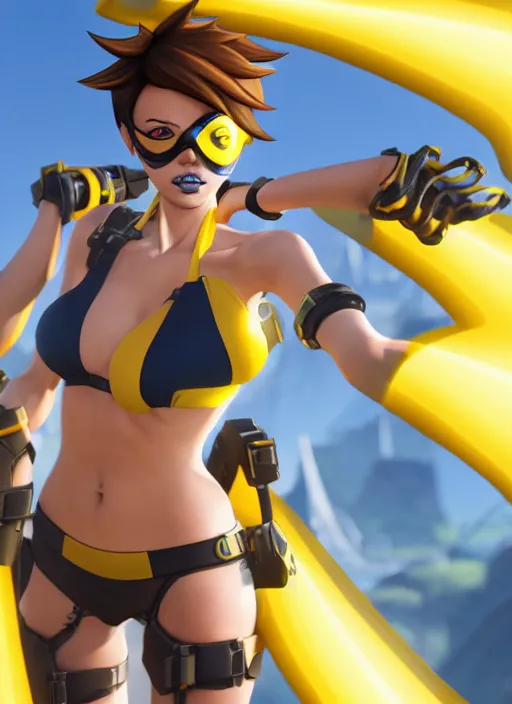 Image similar to tracer game character, in yellow bikini, blonde hair, black eyes, full height