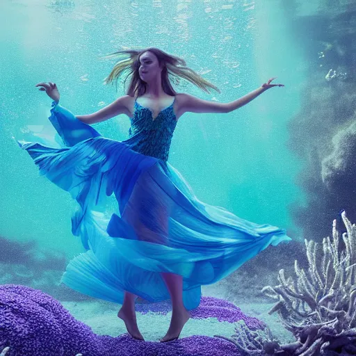 Prompt: woman dancing underwater wearing a flowing dress made of blue and green seaweed, delicate coral sea bottom, swirling silver fish, swirling smoke shapes, octane render, caustics lighting from above, cinematic