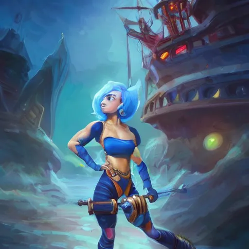 Image similar to beautiful muscular charming female gnome mechanic, fantasy magic bright blue lightning gauntlet arms, short black pixie undercut hair, standing on ship deck, naval background, intricate, fantasy magic, highly detailed, full body portrait, wide angle, digital painting, artstation, smooth, sharp focus, great composition, illustration, art by Greg Rutkowski, trending on artstation