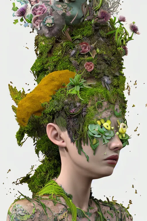 Prompt: nonbinary model, subject made of cracked clay, vine headdress, moss patches, 2 0 mm, with pastel yellow and green flowers bursting out, melting into oddish, delicate, beautiful, intricate, houdini sidefx, by jeremy mann and ilya kuvshinov, jamie hewlett and ayami kojima, bold 3 d