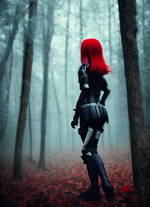 Image similar to red haired japanese girl in light black armor, midfigure front, grey forest background, by ismail inceoglu