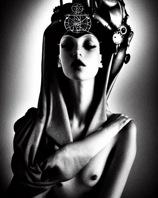 Prompt: a black and white high quality dreamy photo of a young beautiful female queen-silver dragon-vegetal-flower-cyborg veiled bust with a very long steampunk cyborg neck, elegant, highly detailed, poetic, soft, dreamy, mysterious, high fashion, in the style of Horst P. Horst, Metropolis, Realistic, Refined, Digital Art, Highly Detailed, Cinematic Lighting, rim light, black and white, photo-realistic, 8K