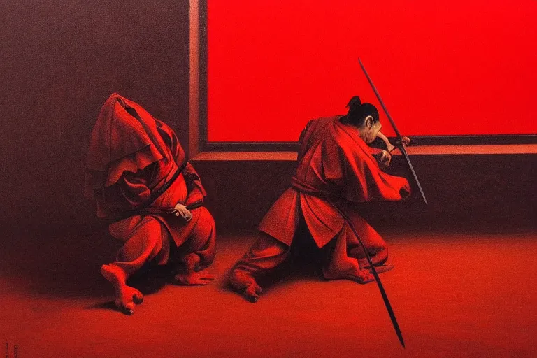 Image similar to only with red, a red samurai do seppuku, tokio, a lot of frogs watch, in the style of beksinski, parts by edward hopper, parts by rodcenko, parts by yue minjun, intricate and epic composition, red by caravaggio, insanely quality, highly detailed, masterpiece, red light, artstation, 4 k