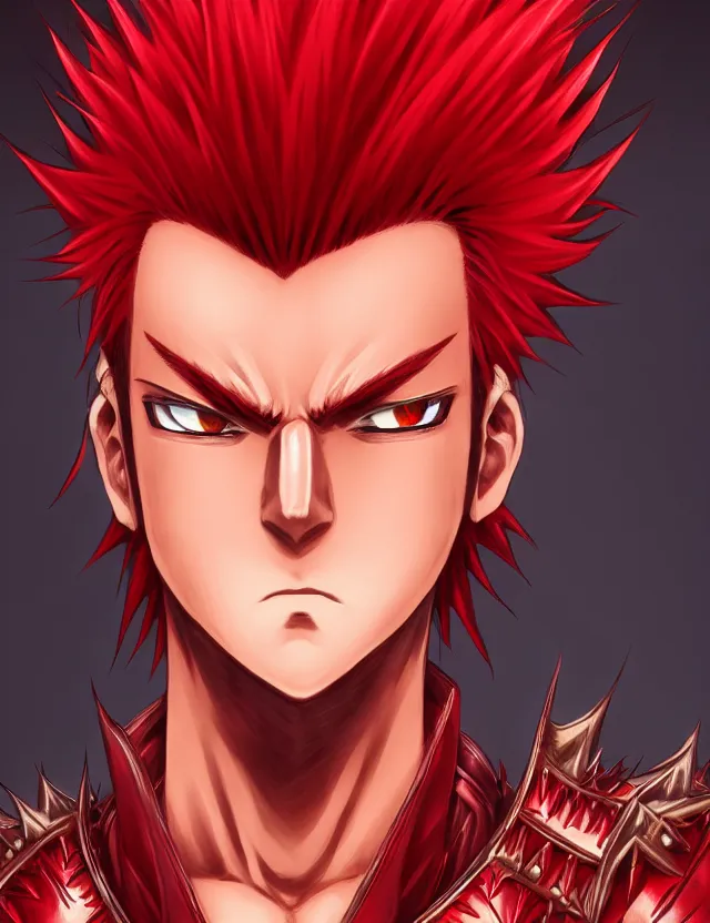 Image similar to a detailed manga portrait of a handsome tall man with spiked crimson hair in fiery crimson crystalline armour, trending on artstation, digital art, 4 k resolution, detailed, high quality, sharp focus, hq artwork, coherent, insane detail, character portrait