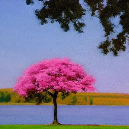 Image similar to beautiful pink tree beside a large lake landscape in the style of Edward Hopper