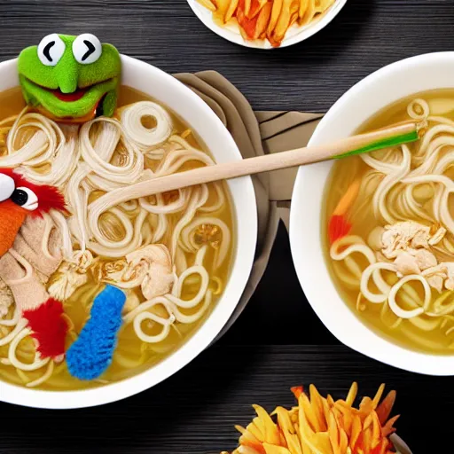 Image similar to muppets swimming in noodle soup