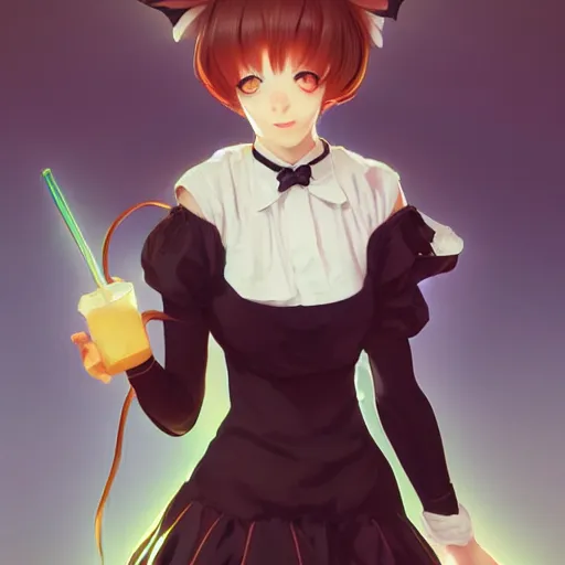 Prompt: anime cat girl in a maid costume, digital art, sharp focus, attractive features, fullbody portrait, slim figure, illustration, artstation, art by Artgerm and Greg Rutkowski and Alphonse Mucha, UHD