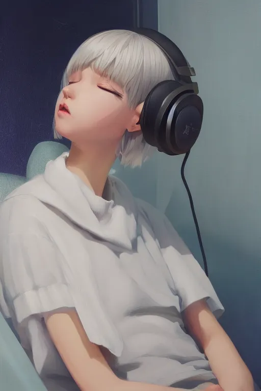 Prompt: a cute young woman listening to music in a white bubble chair with her eyes closed and wearing headphones, white bob cut hair, freckles, cozy setting, blue and white, warm lighting, cinematic, moody, nier automata, poster, oil on canvas, in the style of Ilya Kuvshinov, Krenz Cushart, Range Murata, Eero Aarnio, 8k