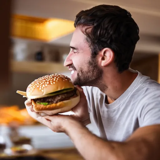 Prompt: a man enjoying a burger full of cheese in his kitchen, 4 k, cinematography, photography, realistic, detailed,