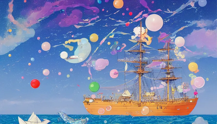 Image similar to a sailing ship in the sea with bubbles floating and a whale in the sky by takashi murakami,, beeple and james jean, aya takano color style, 4 k, super detailed, night sky, digital art, digital painting, celestial, majestic, colorful