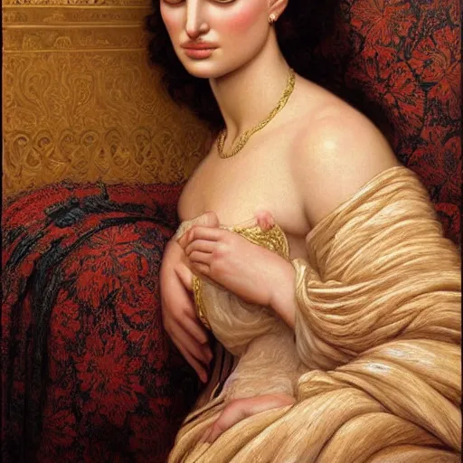 Prompt: beautiful_golden_portrait_of_a_Natalie_Portman_a s_Grand Odalisque_intricate_oil_paintingby Jo hn_William_Godward_by_Anna_Dittman_by J-H 768-C2.0