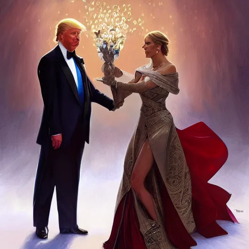 Image similar to vladimir putin marrying donald trump, elegant, highly detailed, digital painting, artstation, concept art, smooth, sharp focus, illustration, art by artgerm and greg rutkowski and alphonse mucha