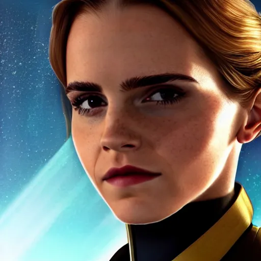 Image similar to a full body portrait of emma watson as a star fleet officer from star trek next generation, ultra rendered extreme realism and detail, 8 k, highly detailed, realistic, completely framed, hyper realistic, colorful, direct lighting, 3 5 mm photo, photorealistic, sharp focus