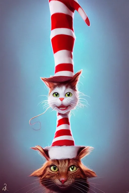 Image similar to complex 3 d render, hyper detailed, ultra sharp, of the cat in the hat, scary, cinematic, natural soft light, rim light, octane render, artstation, art by artgerm and greg rutkowski, dr seuss