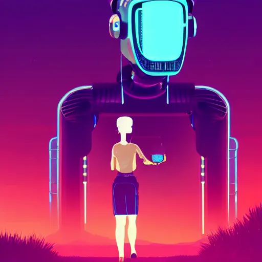 Image similar to a graph - style woman walking across a lush green field, a huge robot head in front of her, cyberpunk art by by james gilleard, cgsociety, retrofuturism, synthwave, retrowave, outrun