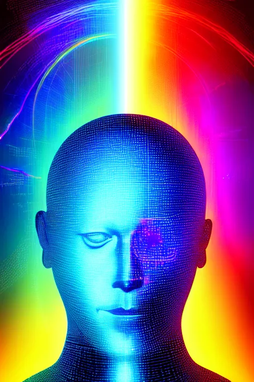 Prompt: portrait of the god of artificial intelligence as a hologram, in front of a rainbow of data, threads of light in the background, extremely high quality artwork, very detailed, obscured face, anthropomorphic silhouette, trending on artstation