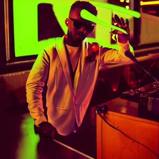 Image similar to the goat dj in a white jacket, retrowave, neon light,