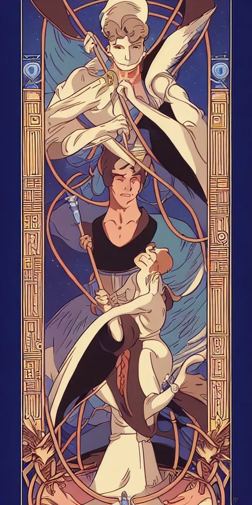 Image similar to the temperance tarot card with an art deco boarder, high quality, digital painting, by don bluth and ross tran and studio ghibli artgerm