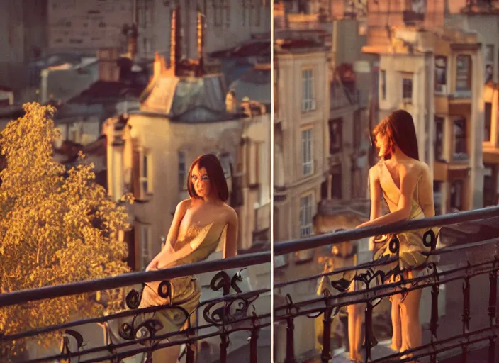 Image similar to a fantasy queen stands on a balcony overlooking a fantasy city, golden light and glow, 3 5 mm photography