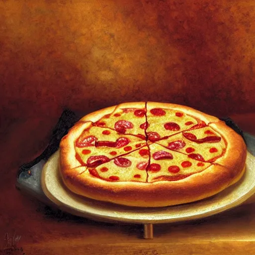 Image similar to A hyperrealistic cake of a pizza, illustrated by Gaston Bussiere, trending on artstation, 4k, 8k, professional photography