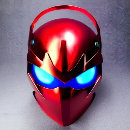 Prompt: High Fantasy Kamen Rider Helmet, red and blue color scheme, 4k, glowing eyes, daytime, rubber suit, dragon inspired pvc armor