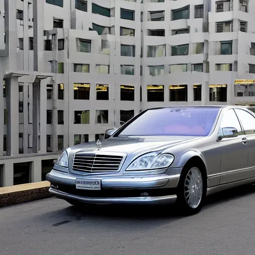 Image similar to gold Mercedes-Benz s500 long in the body 220 (w220) 2002 old year is on the roof of a high-rise building in abu dhabi