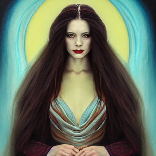 Image similar to portrait of a female wizard in flowing sensual dress, long flowing hair, delicate, looking at camera, slightly smiling, realistic face, stylish, elegant, extremely detailed painting inspired by Gerald Brom, studio lighting