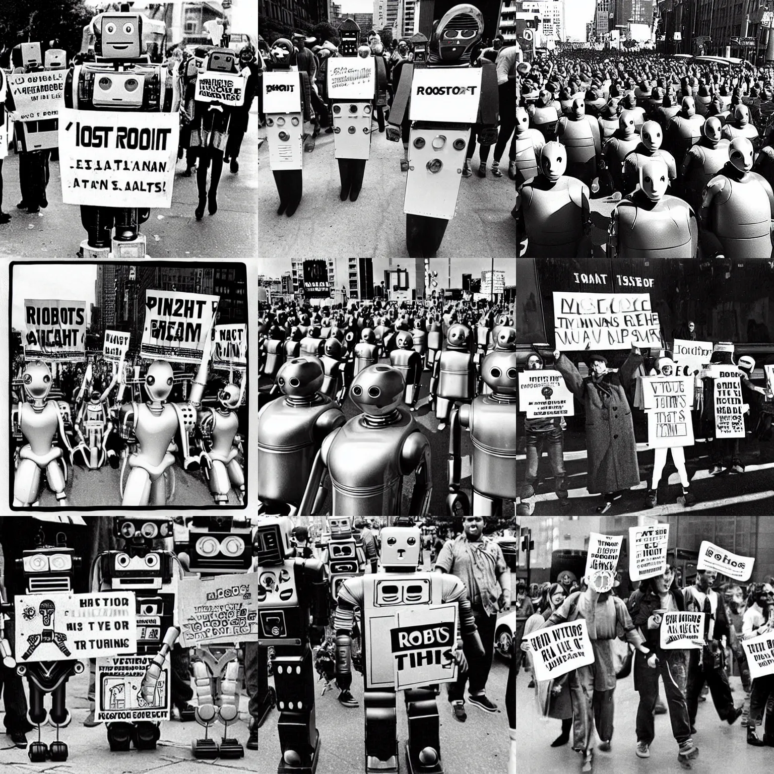 Prompt: “Robots rights protest, vintage associated press photo ”