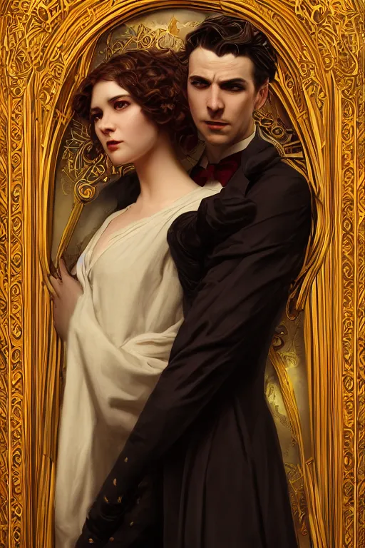 Image similar to a portrait of handsome young evil male Satan and his elegant beautiful wife, bored, illustration, dramatic lighting, soft details, painting oil on canvas, art nouveau, octane render, HDR, 4k, 8k, HD, by Edmund Blair Leighton, Brom, Charlie Bowater, trending on artstation,