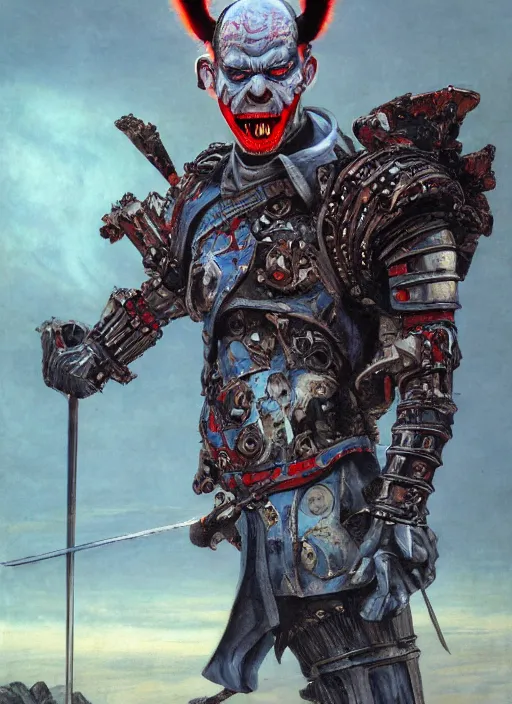 Image similar to portrait of a diabolical cyborg clown samurai, torn cape, adaptive armor, dynamic pose, heavy eyes to the side, ancient ruins, glowing veins subsurface scattering, in clouds, sunset, portrait, by gerald brom, by mikhail vrubel, by peter elson, muted colors, extreme detail, reflections, trending on artstation, 8 k