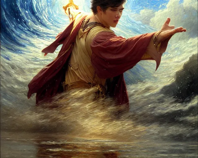 Image similar to attractive male wizard casting powerful giant tsunami spell in a beautiful lake. highly detailed painting by gaston bussiere, craig mullins, j. c. leyendecker 8 k