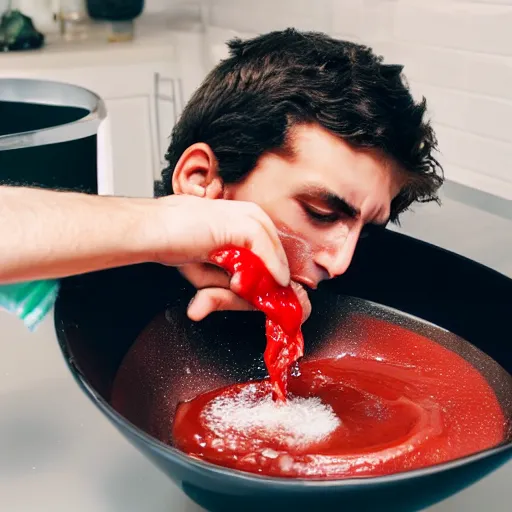 Prompt: young man vomiting ketchup into a sink 4k