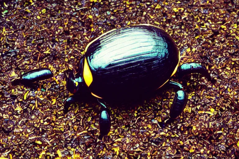 Prompt: a photo of a giant mutant dungbeetle lemon in its natural habitat, kodak ektachrome e 1 0 0 photography