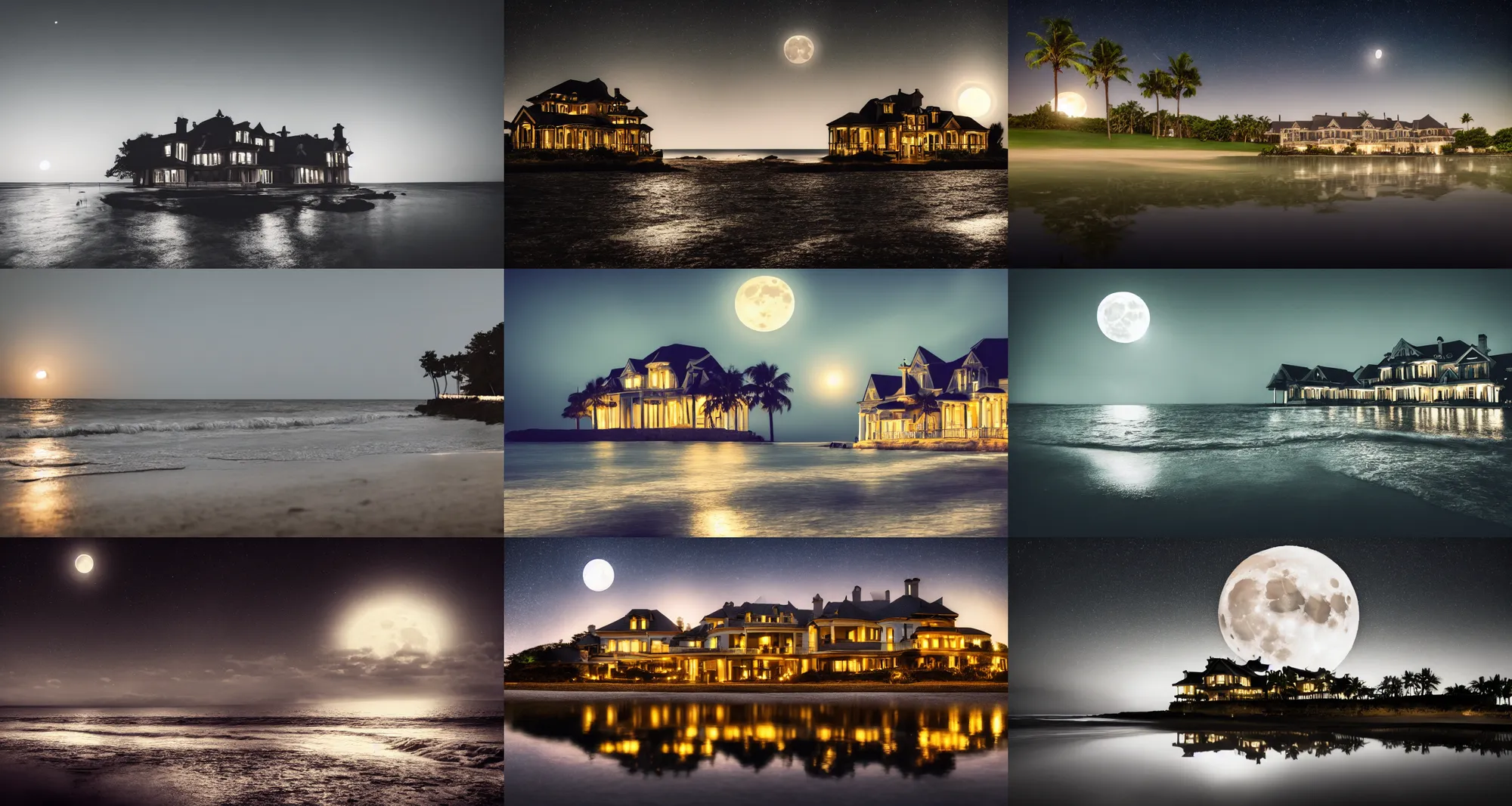 Prompt: picture of a moon gleaming over a mansion by the beach shore line, nighttime, black sky, water reflection, waves, dslr, 4 k, flickr, high quality, dramatic lighting, cinematic