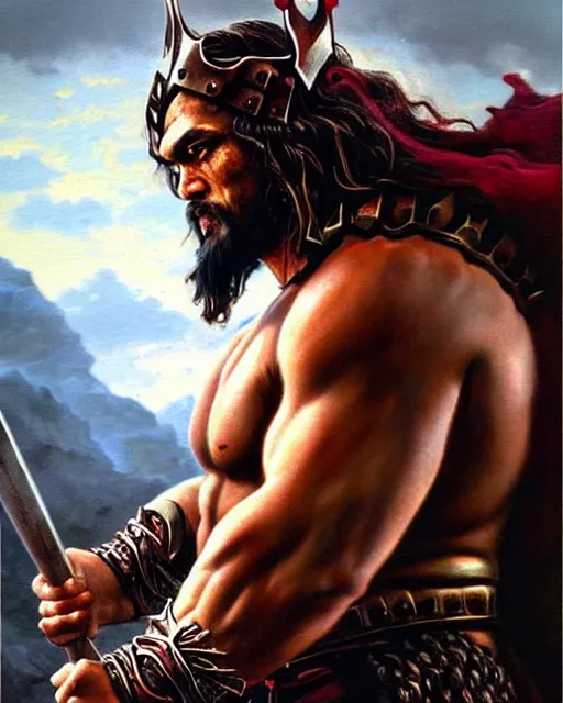 Image similar to beautiful portrait oil painting, jason momoa conan the barbarian thor standing on a rocky hill, wearing a warrior king crown and royal crimson fantasy ornate spartan dragon scale armor, muscular!!!, action pose, frank frazetta, boris vallejo, greg rutkowski, beautiful cinematic light, low angle, greg rutkowski, high contrast