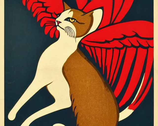 Image similar to vintage art deco animal poster depicting a cat with wings and talons