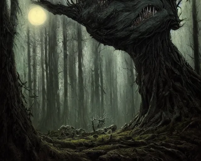 Image similar to a talking oak tree, huge face in the bark, eyes in the bark, mouth in the bark, horror concept art, sharp teeth, digital painting, oil painting, hyperrealistic, treebeard, ent, undead, fantasy monster, moonlight, in the forest, by greg rutkowski