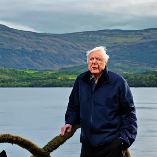 Image similar to Sir David Attenborough at Loch Ness looking at the Loch Ness Monster