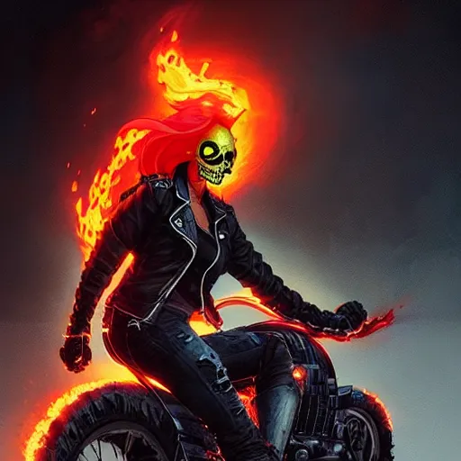 Image similar to female ghost rider, flaming skull, art by greg rutkowski and wlop and raymond swanland and ross tran,