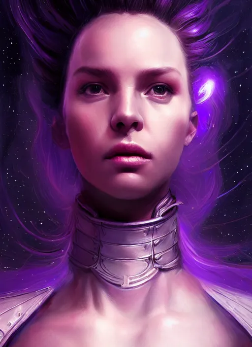 Prompt: top down lighting, extreme close up, stunning portrait of a woman in purple leather future armor with a long black ponytail, with space and stars around her, spaceship hallway, intricate, mood lighting, highly detailed, digital painting, artstation, concept art, smooth, sharp focus, illustration, art by wlop, mars ravelo and greg rutkowski