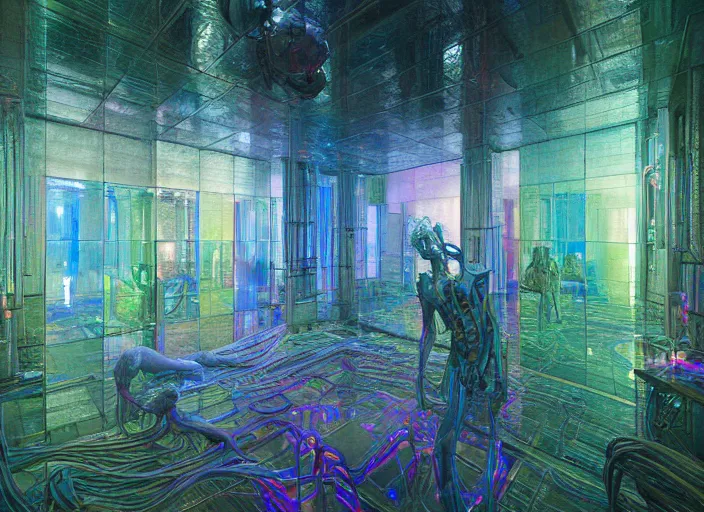 Image similar to a room made out of mirrors, neon, RGB, glowing wires everywhere, pristine, by Edgar Maxence and Ross Tran, Zdzisław Beksiński, and Michael Whelan, distant, gustav dore, H.R. Giger, 8k, octane render